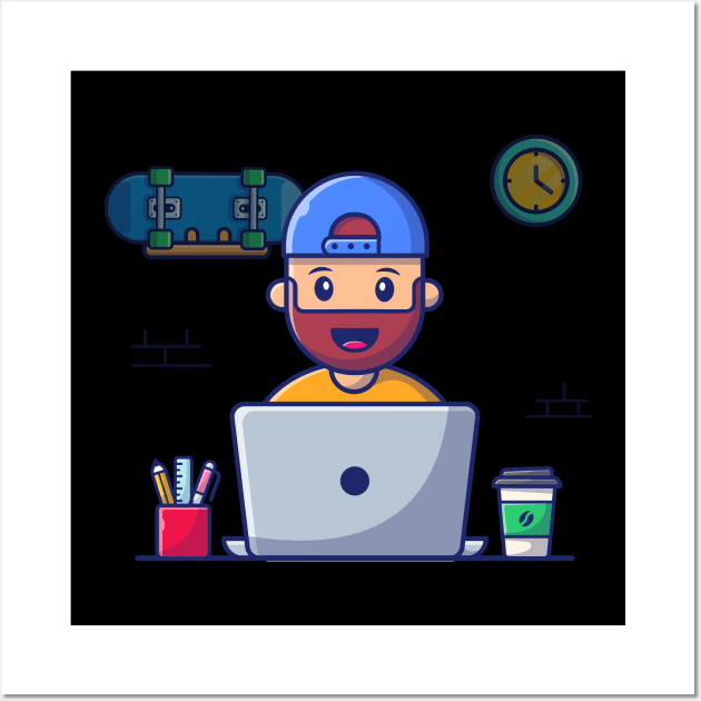 Male working on laptop cartoon Wall Art by Catalyst Labs